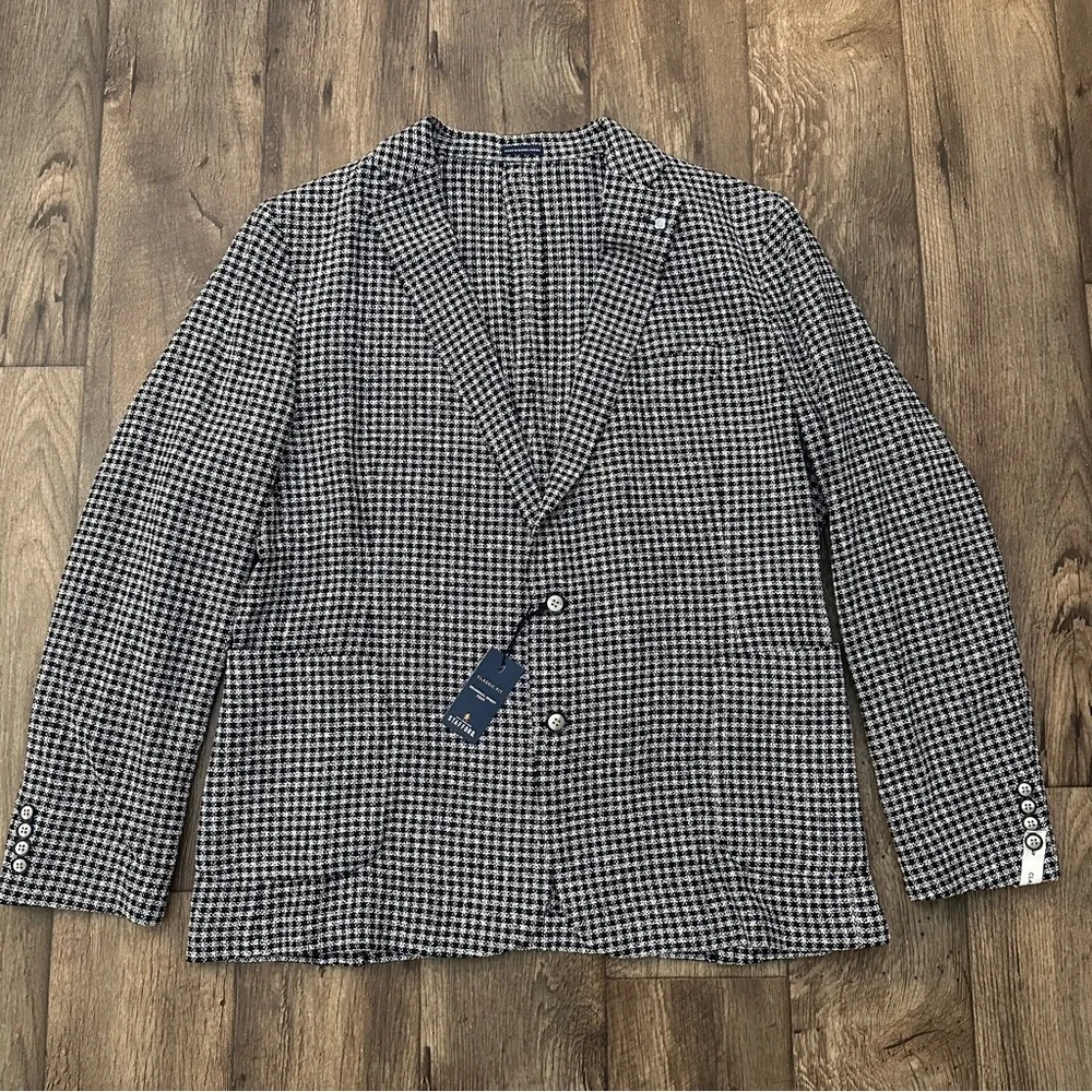 Stafford Classic Fit Sport Coat Blazer Jacket Sz 50R White Black With Navy Knit